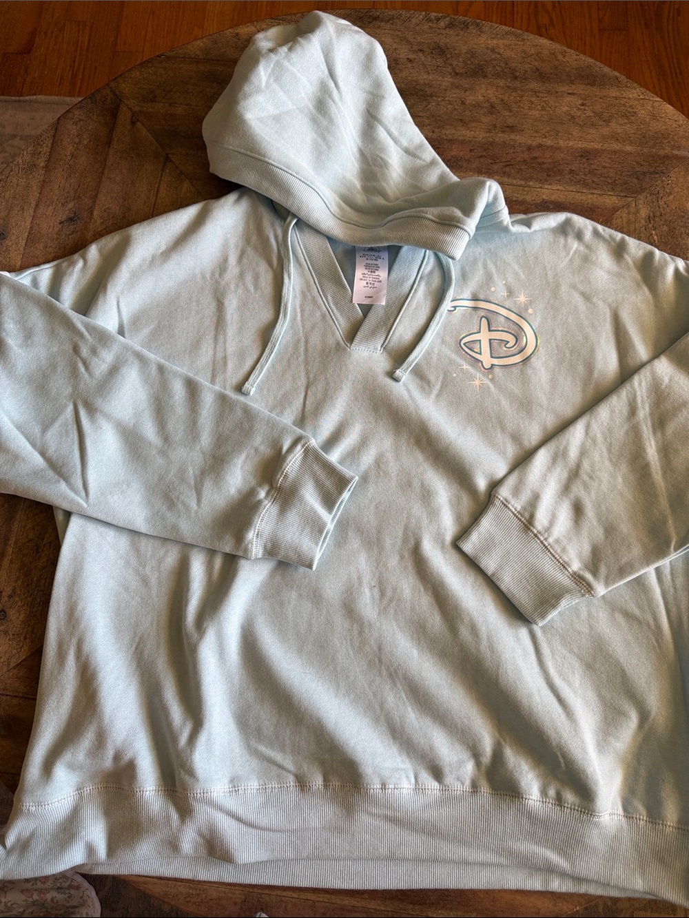 Disney Parks Light Large Blue V-Neck Hooded Sweater with Sparkle Castle Logo NWT